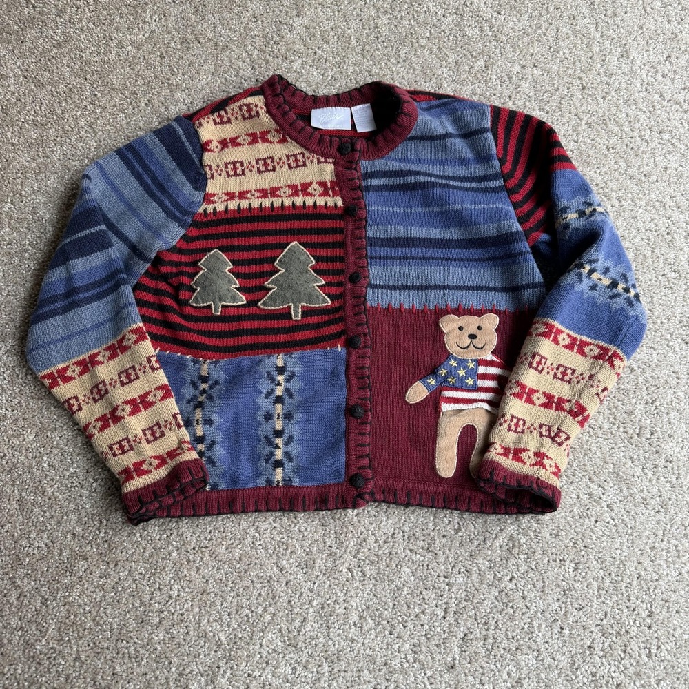 Vintage Blair Cardigan Sweater Womens S/M Multicolor Teddy Bear Christmas Knit
